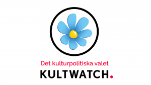 Bild på Sverigedemokraternas logga i en svart cirkel och Kultwatchs logga under