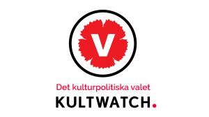 Bild på Vänsterpartiet logga i en svart cirkel och Kultwatchs logga under